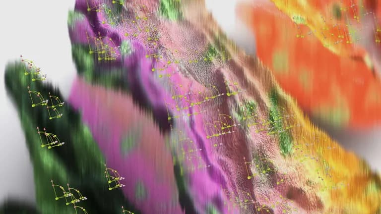 Colorful 3D surfaces and neural network overlays visualizing an AI-native graphics pipeline