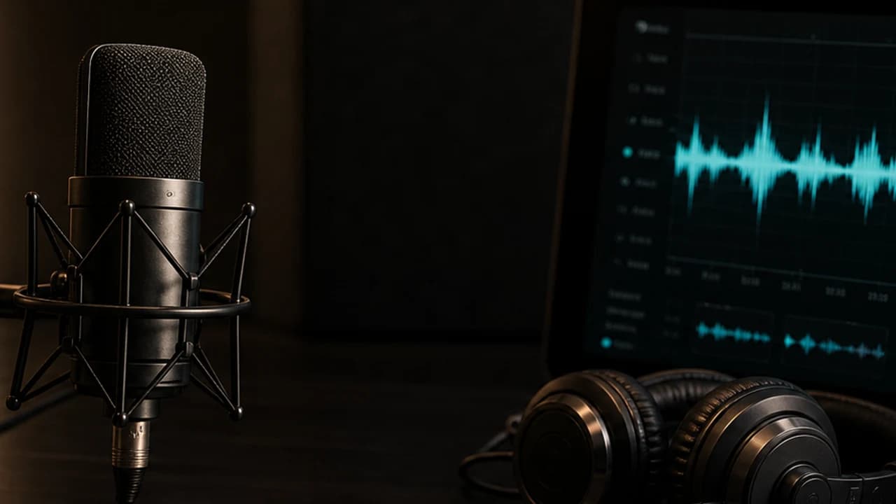 Studio microphone, headphones, and waveform screen for a voice data program.