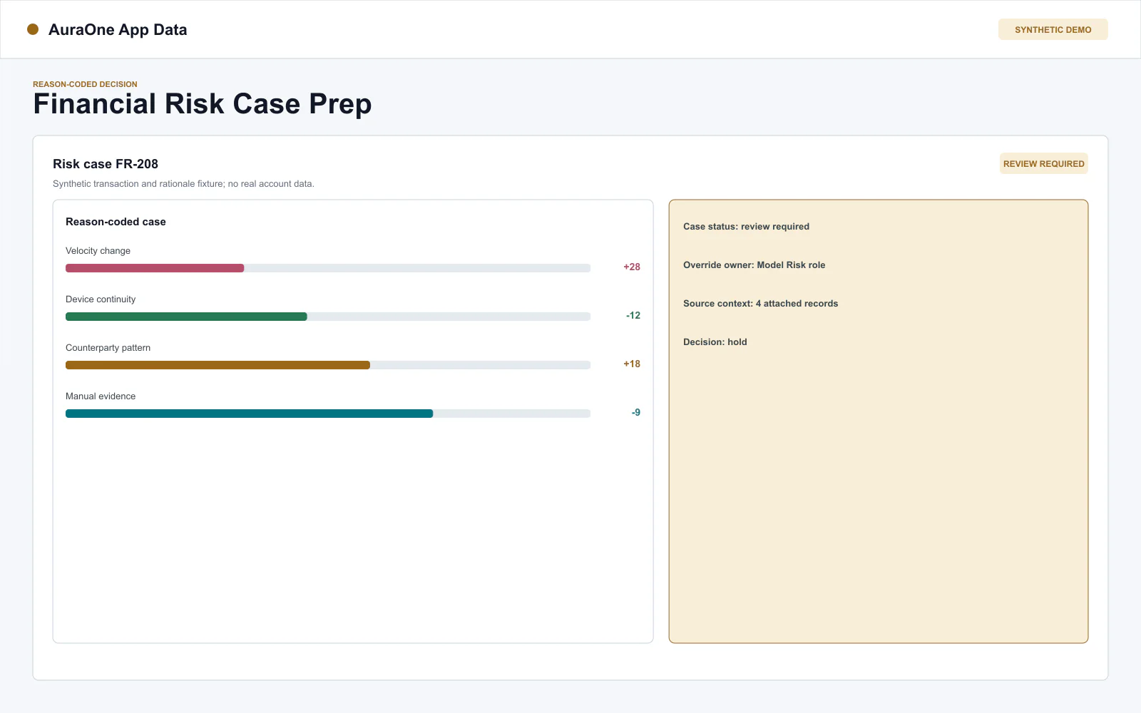 Synthetic financial risk case with reason codes, source context, overrides, and review rationale.