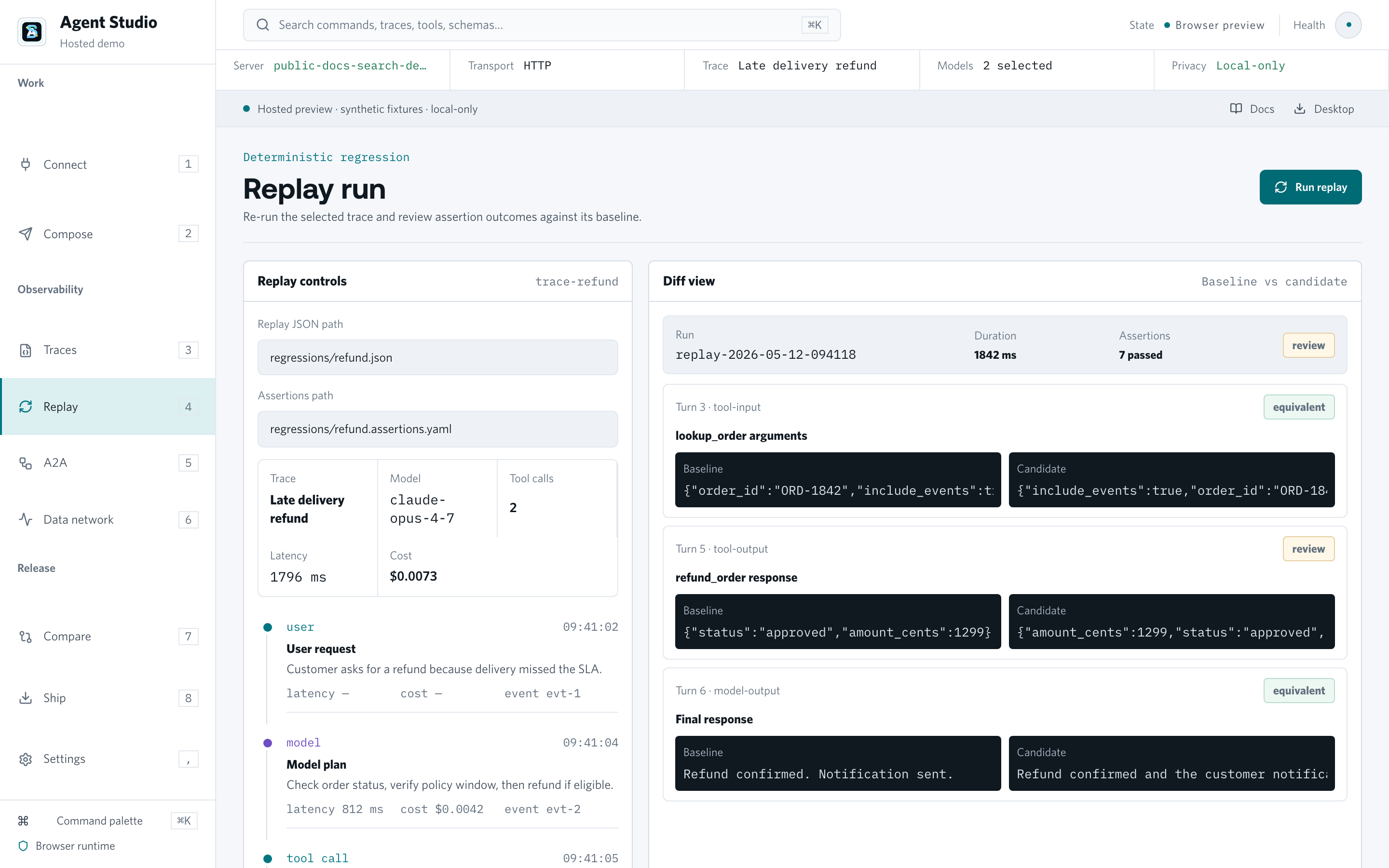 Agent Studio Open deterministic replay workspace with replay controls, trace context, assertions, and baseline-versus-candidate evidence