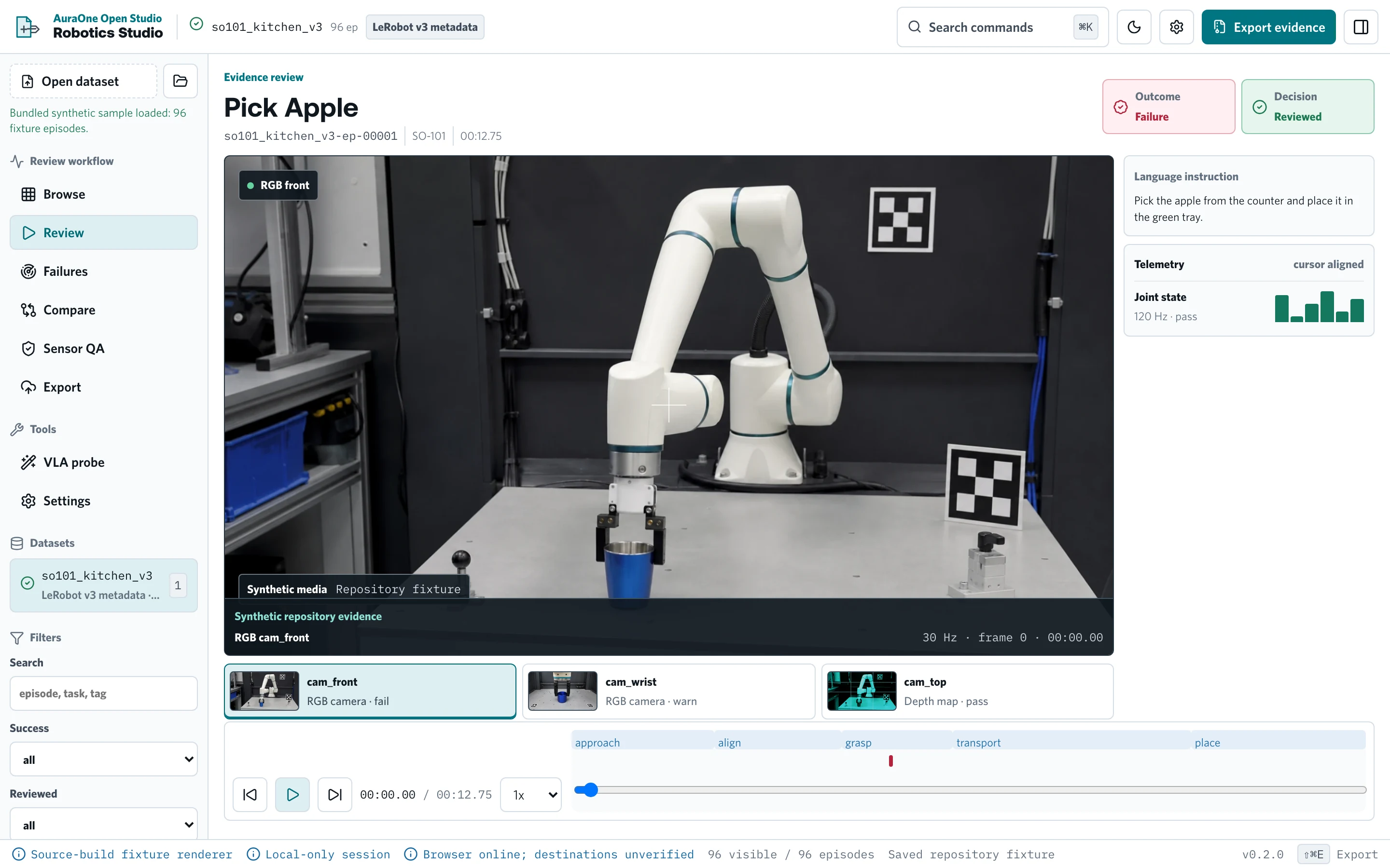 Robotics Studio Open synchronized episode review with the synthetic sensor scene, timeline, health selectors, annotations, and decision controls